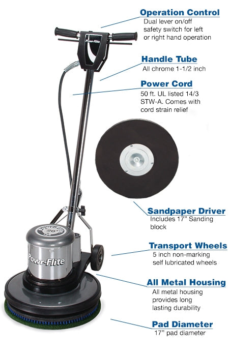 POWR-FLITE CLASSIC METAL FLOOR MACHINE 17" 1.5 HP with Sandpaper Driver